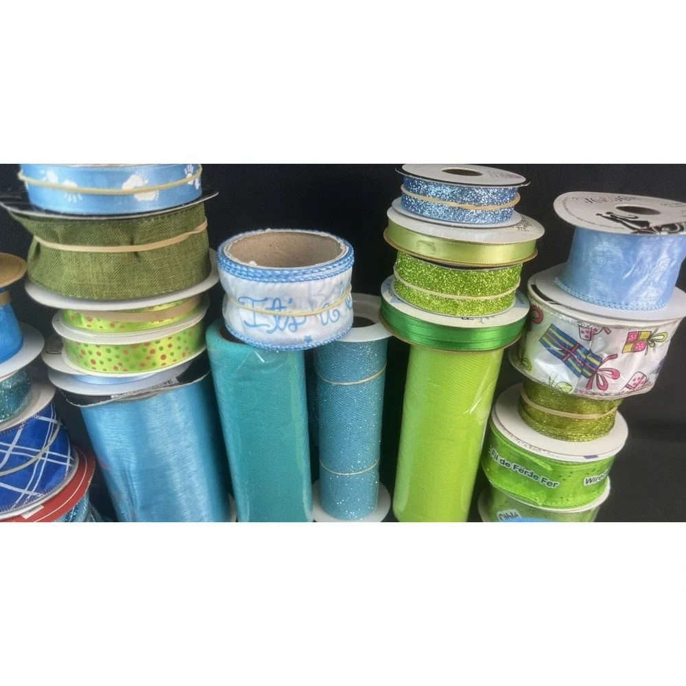 Lot Of 40+ Blue & Green Wired Craft Ribbon & Mesh New & Used